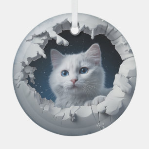 White Curious Kitty Ornament Aus Glas