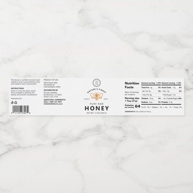 White Customizable Honey Bee Jar Wraparound Label (Einzelnes Label)