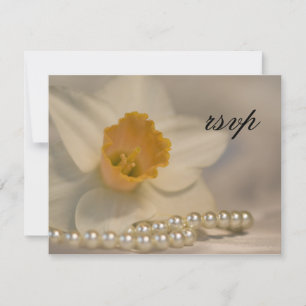 White Daffodil Pearls Wedding RSVP Response Card Karte