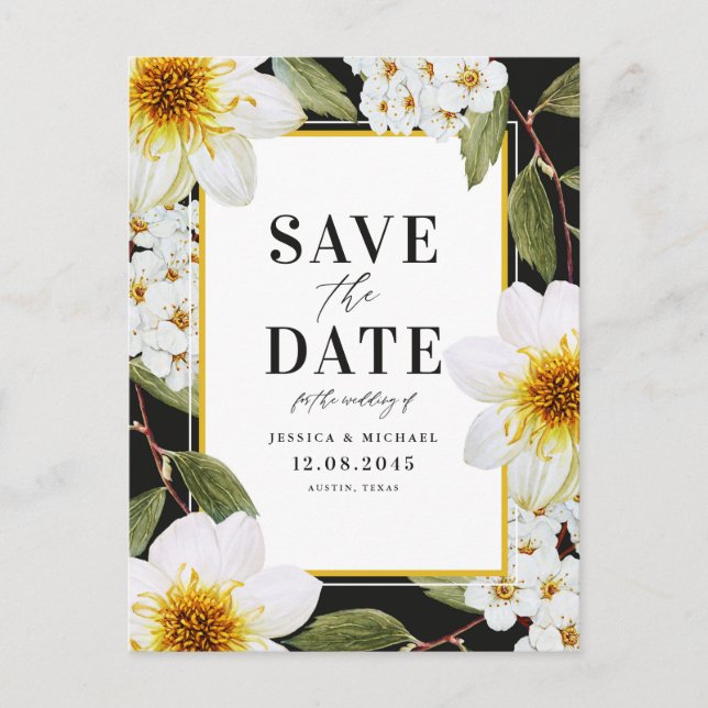 White Dahlia und Spirea Botanical Save the Date Ankündigungspostkarte (Vorderseite)