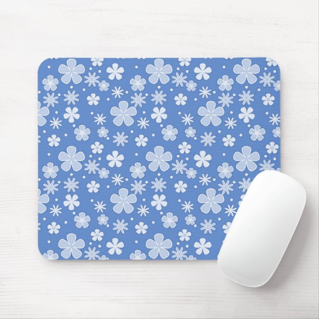 White Daisies and Dots on Blue Mousepad (Mit Mouse)