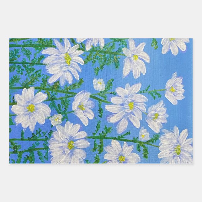 White Daisies auf Sky Blue Hintergrund Geschenkpapier Set (Vorderseite)