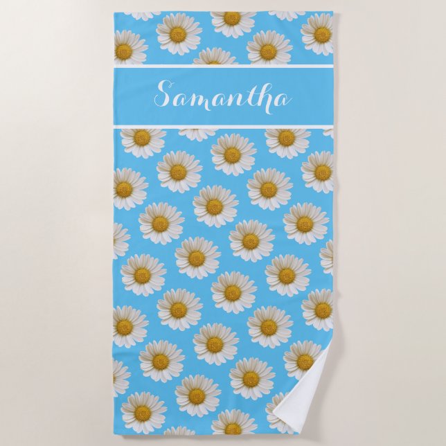 White Daisies auf Sky Blue Personalisiert Beach Ha Strandtuch (Vorderseite)