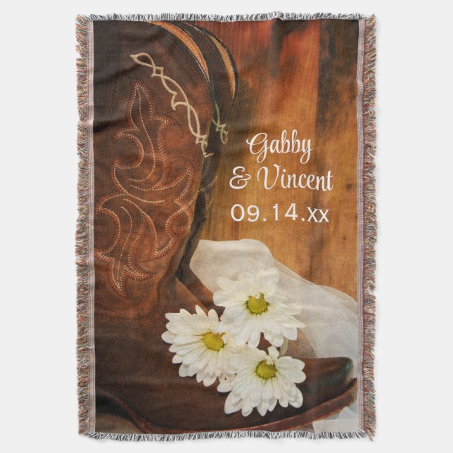 White Daisies Cowboy Boots Country Western Hochzei Decke (Vorderseite Vertikal)
