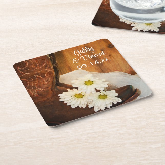 White Daisies Cowboy Boots Country Western Hochzei Rechteckiger Pappuntersetzer (angewinkelt)