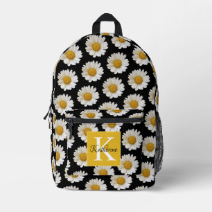 White Daisies on Black Background Monogram Bedruckter Rucksack