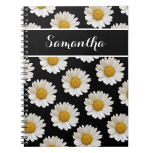 White Daisies on Black with Individuelle Name Notizblock