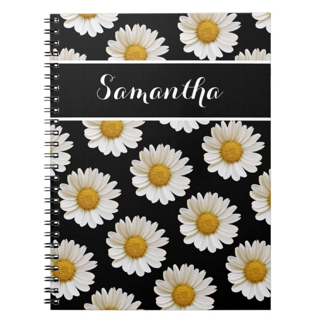 White Daisies on Black with Individuelle Name Notizblock (Vorderseite)