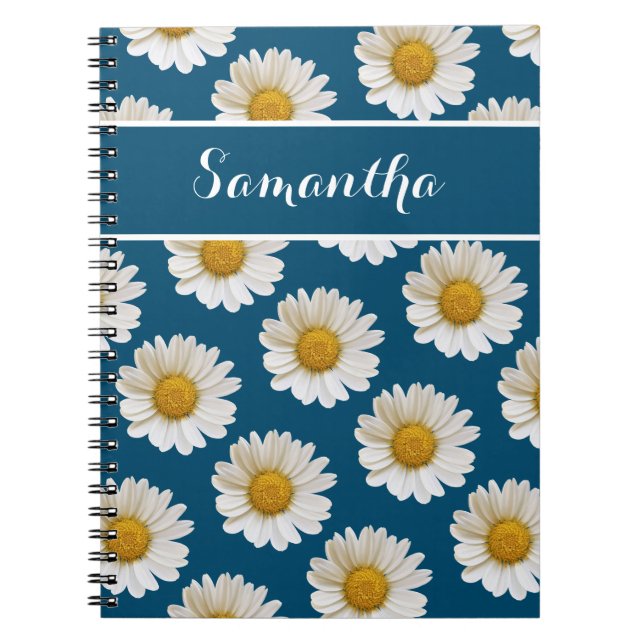 White Daisies on Blue mit Individuelle Name Notizblock (Vorderseite)