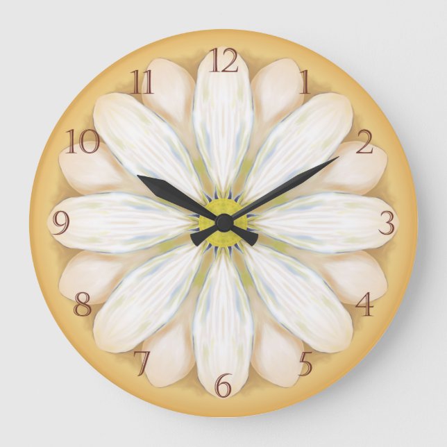 White Daisies on Golden Yellow Große Wanduhr (Vorderseite)