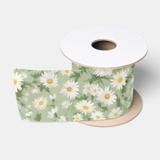 White Daisies on Green Satinband (Spule)