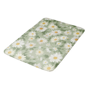 White Daisies on Sage Green Badematte