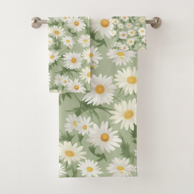 White Daisies on Sage Green Badhandtuch Set (Insitu)