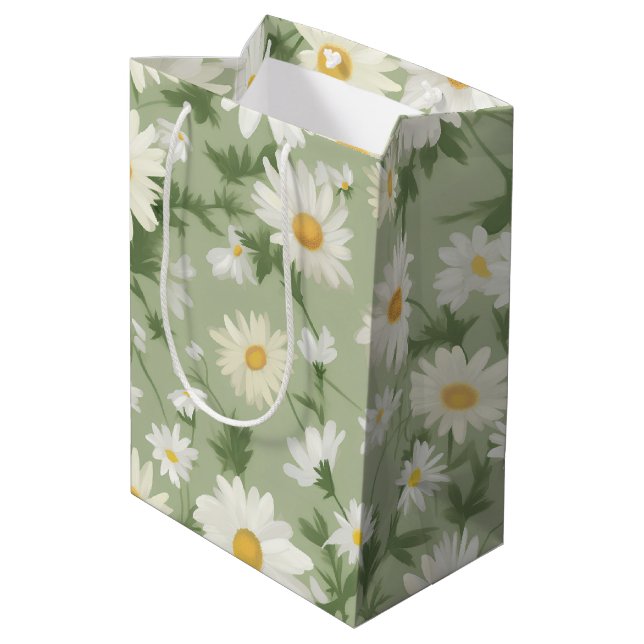 White Daisies on Sage Green Mittlere Geschenktüte (Rückseite Schrägansicht)