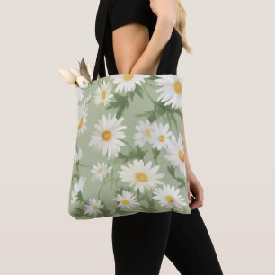 White Daisies on Sage Green Tasche