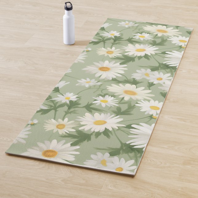 White Daisies On Sage Green Yogamatte (Beispiel)
