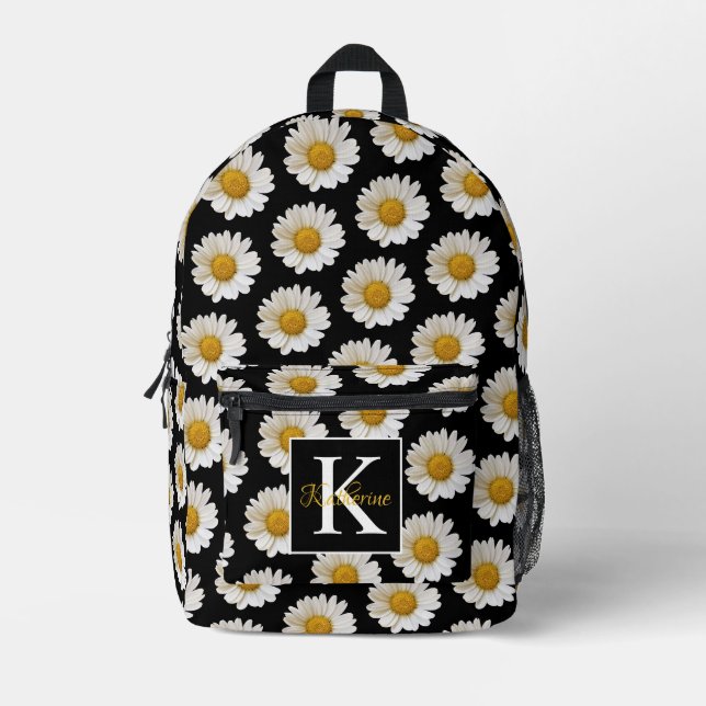 White Daisies Pattern Black Monogram Bedruckter Rucksack (Vorderseite)