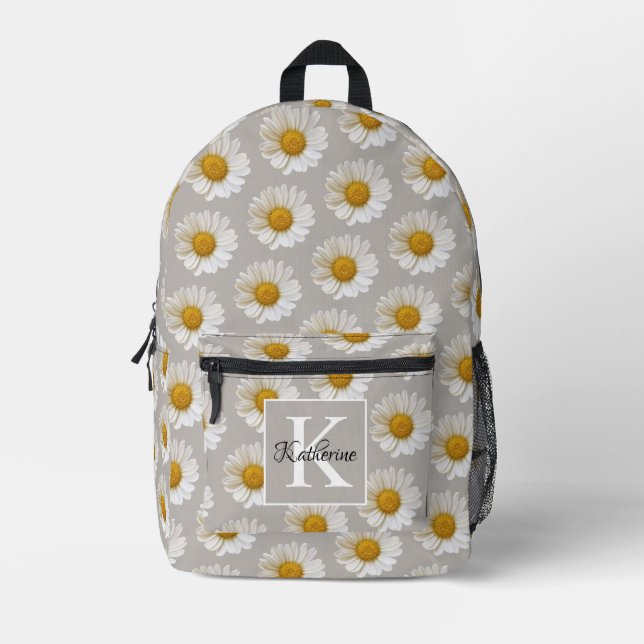 White Daisies Pattern Gray Monogram Bedruckter Rucksack (Vorderseite)