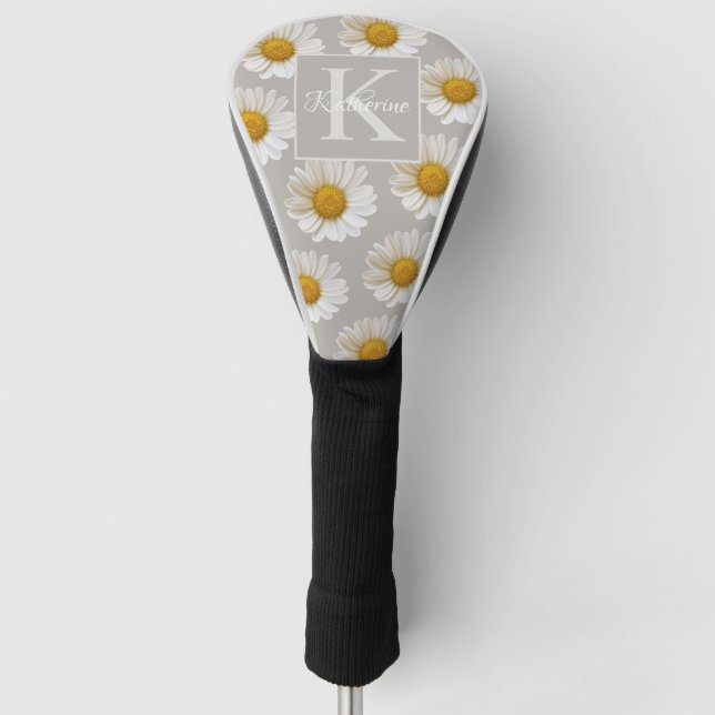 White Daisies Pattern Gray Monogram Golf Headcover (Vorderseite)