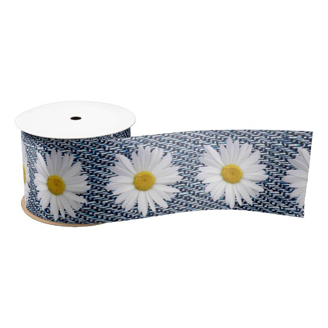 White Daisies über Denim Satinband (Spule)