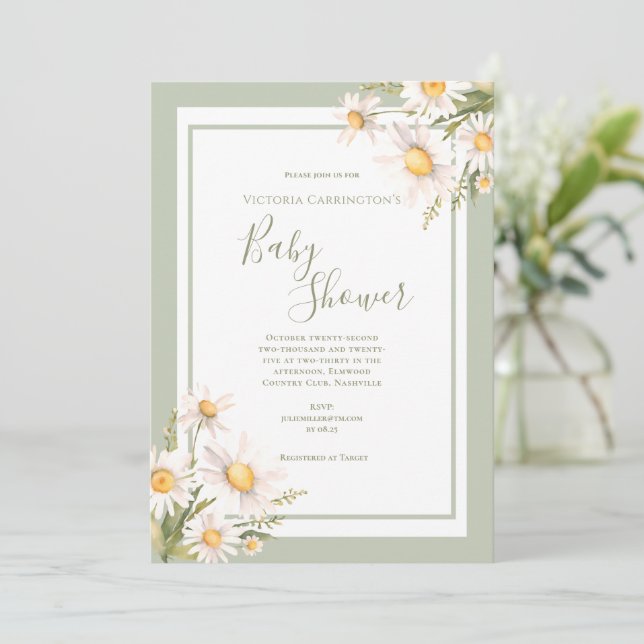 White Daisies Watercolor Baby Shower Einladung (Stehend Vorderseite)