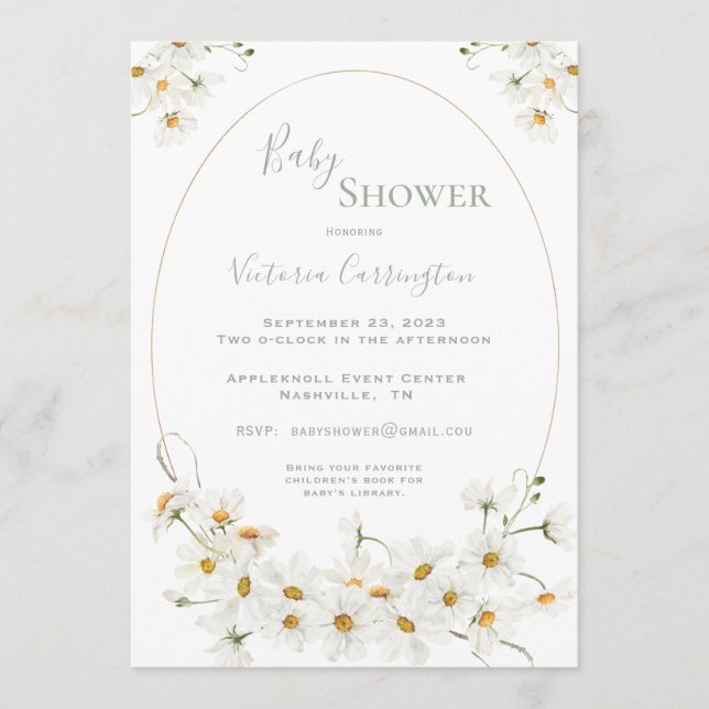 White Daisies Watercolor Sage Baby Shower Einladung (Vorderseite)