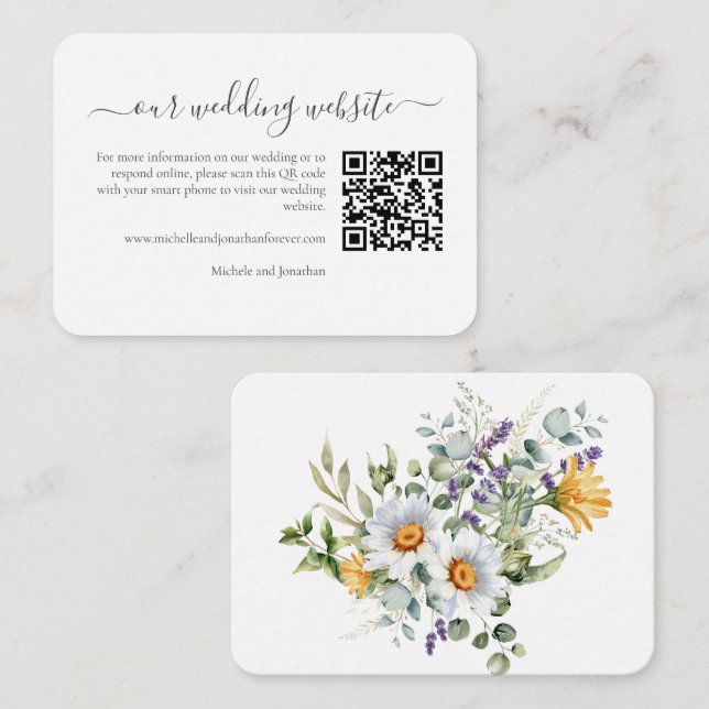 White Daisies Wedding RSVP Details QR Code Begleitkarte (Vorne/Hinten)