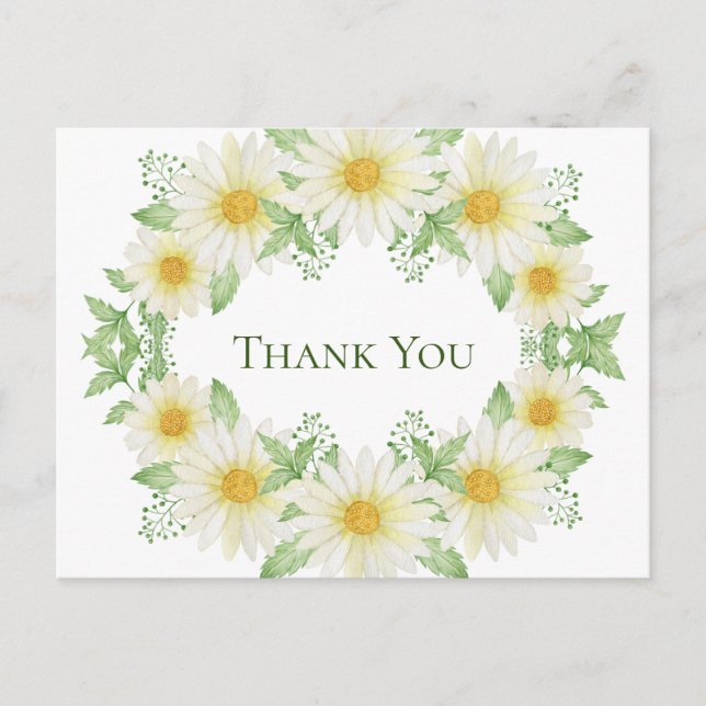 White Daisies Wreath Watercolor Budget Vielen Dank Postkarte (Vorderseite)