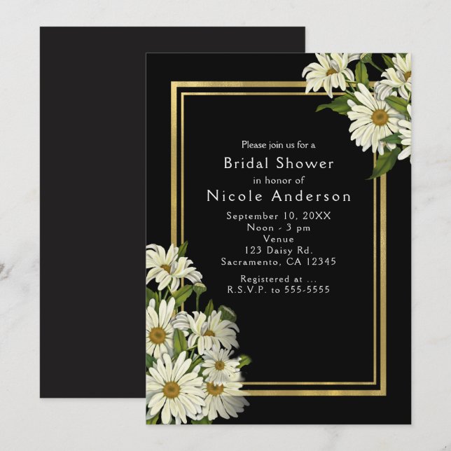 White Daisis Black & Gold Elegante Chic Einladung (Vorne/Hinten)