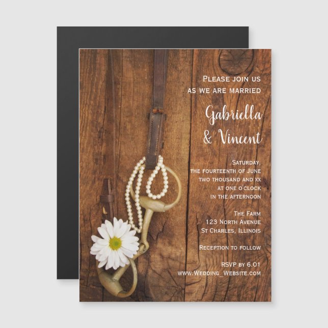 White Daisy and Horse Bit Country Western Hochzeit Magneteinladung (Vorne/Hinten)