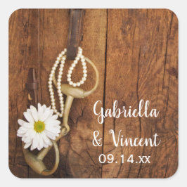 White Daisy and Horse Bit Country Western Hochzeit Quadratischer Aufkleber