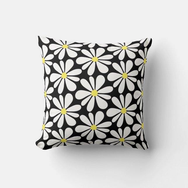 White Daisy auf Black Floral Kissen (Vorderseite)