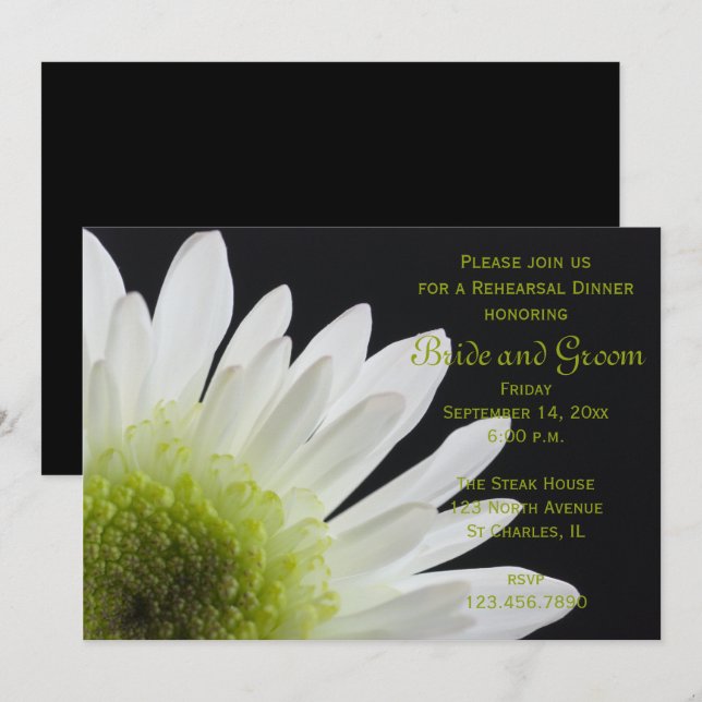 White Daisy auf Black Wedding Probe Dinner Einladung (Vorne/Hinten)