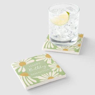 White Daisy Blooms –  Floral  Garden Birthday  Steinuntersetzer
