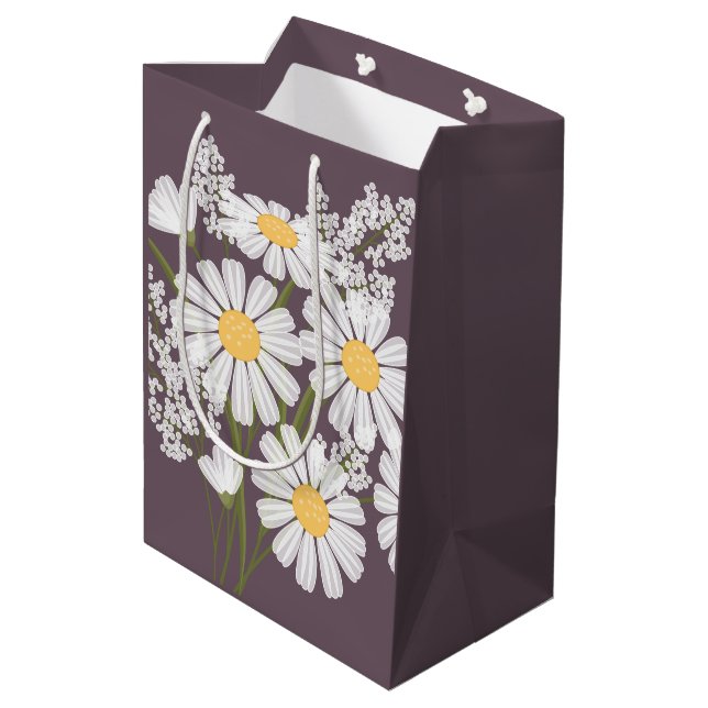White Daisy-Blume auf dunklem Lila Mittlere Geschenktüte (Rückseite Schrägansicht)