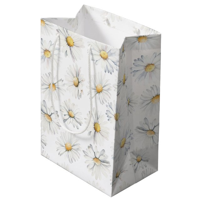 White Daisy Blume Boho Botanische Wasserfarbe Mittlere Geschenktüte (Rückseite Schrägansicht)