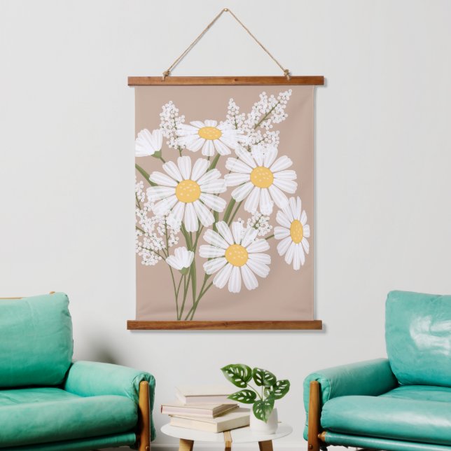 White Daisy Blume Bouquet auf Beige Wandteppich Mit Holzrahmen (Wohnzimmer)