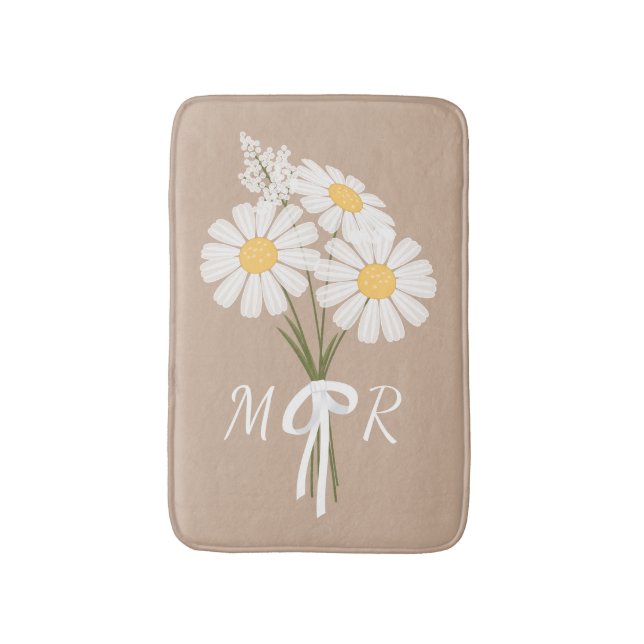White Daisy Blume Bouquet Monogram auf Beige Badematte (Vorderseite Vertikal)