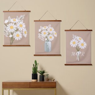 White Daisy Blume Bouquet Rustic Beige Set 3 Wandteppich Mit Holzrahmen