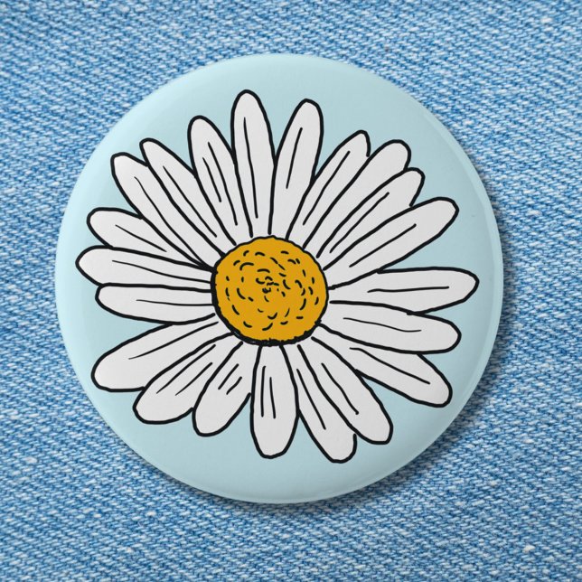 White Daisy Blume Floral Doodle Art Button (In situ)