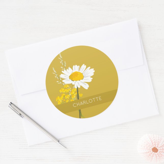 White Daisy Blume Individuelle Name Runder Aufkleber (Umschlag)