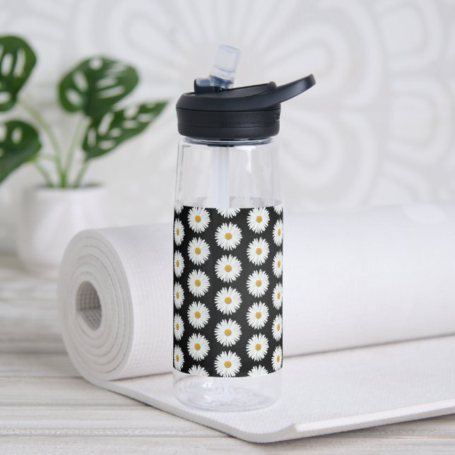 White Daisy Blume Pattern auf Black Trinkflasche (Yoga)