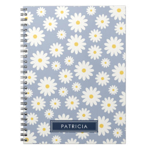 White Daisy Blume Pattern Dusty Blue Personalisier Notizblock