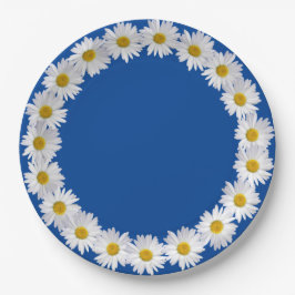 White Daisy Border on Blue Pappteller