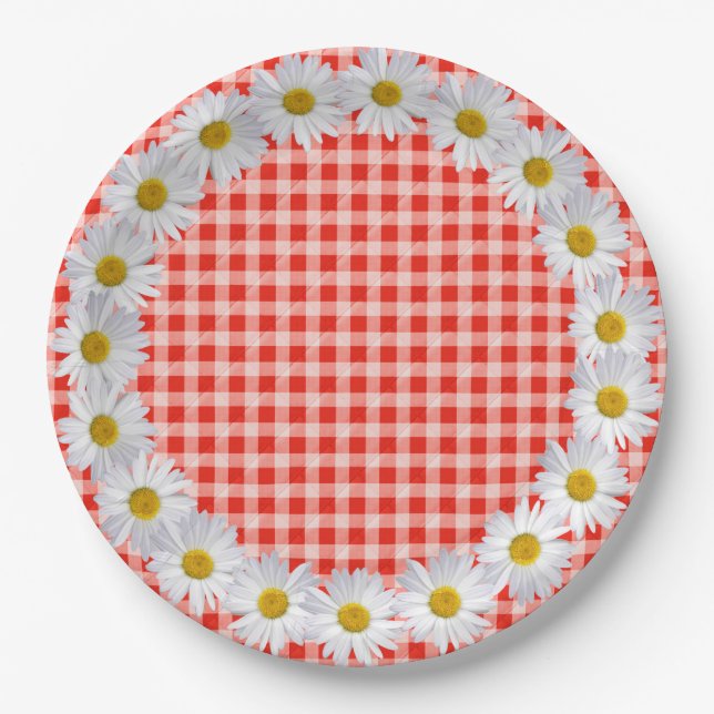 White Daisy Border on Gingham Pappteller (Vorderseite)