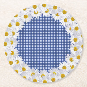 White Daisy Border on Gingham Runder Pappuntersetzer