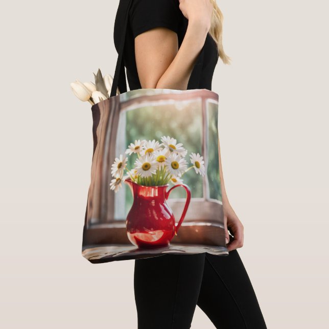 White Daisy Bouquet in Red Pitcher Tasche (Von Nahem)
