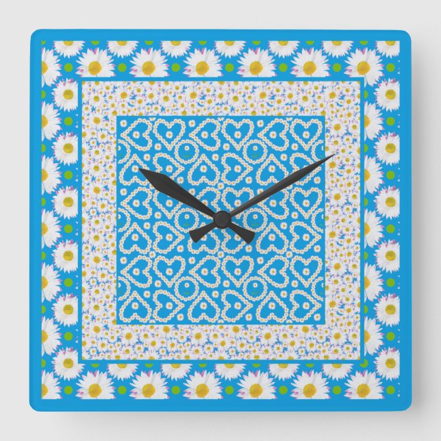 White Daisy Chains Wall Clock: Mix'n'match Quadratische Wanduhr (Vorderseite)