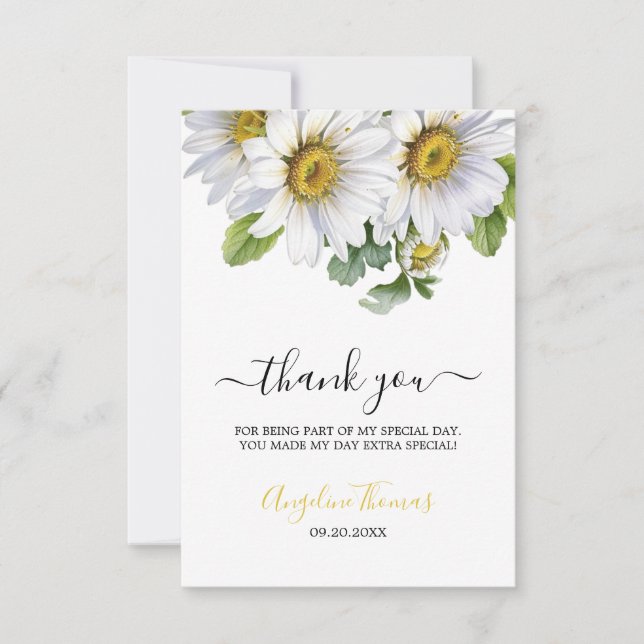 White Daisy Floral Greenery Script Birthday Dankeskarte (Vorderseite)