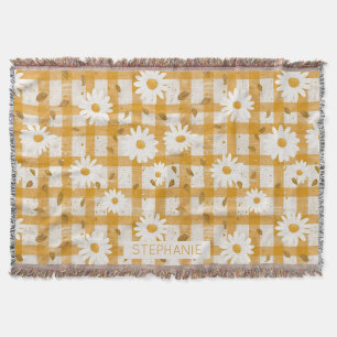 White Daisy Floral Pattern on Yellow Gingham (2) Decke